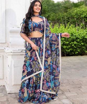 Navy Blue printed Georgette Lehenga Blouse With Dupatta 5