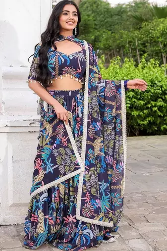 Navy Blue printed Georgette Lehenga Blouse With Dupatta