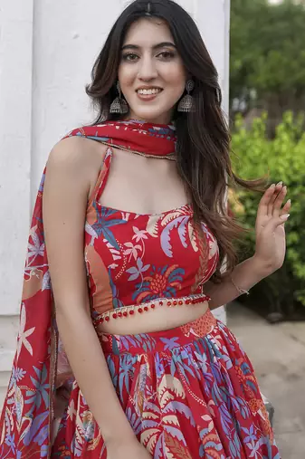 Red printed Georgette Lehenga Blouse With Dupatta