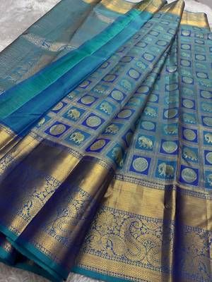 teal silk blend saree with blouse 1