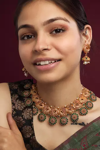 Copper made elegant green kemp peacock necklace set