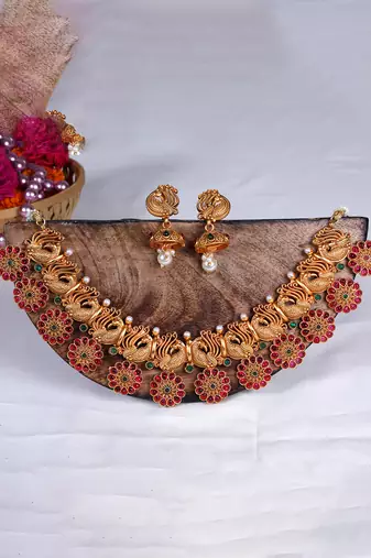 Copper made elegant multicolor kemp peacock necklace set