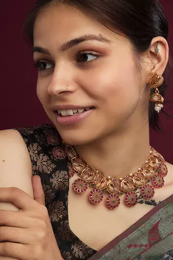 Copper made elegant multicolor kemp peacock necklace set