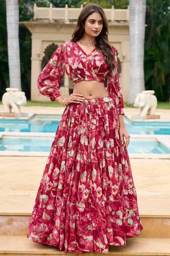Red Flower Print Georgette Semi stitched lehenga choli