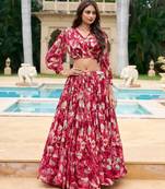 Red Flower Print Georgette Semi stitched lehenga choli