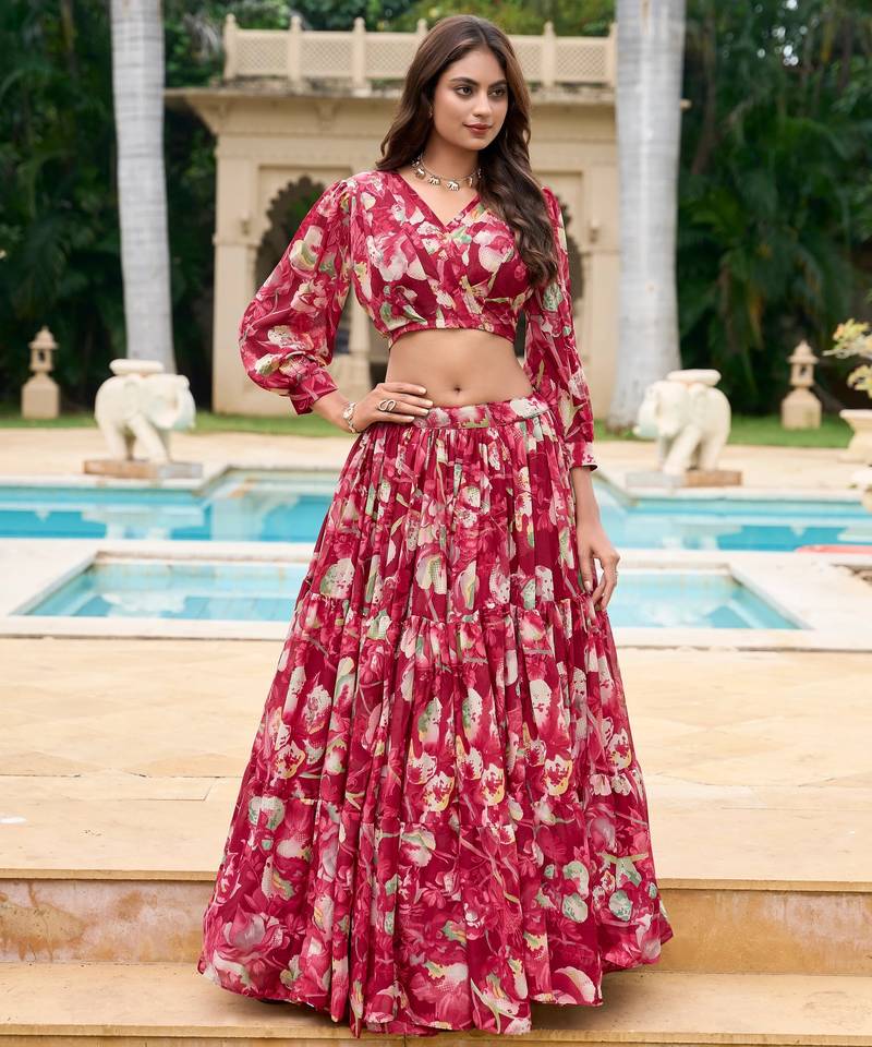 Red Flower Print Georgette Semi stitched lehenga choli