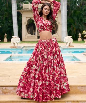 Red Flower Print Georgette Semi stitched lehenga choli 2
