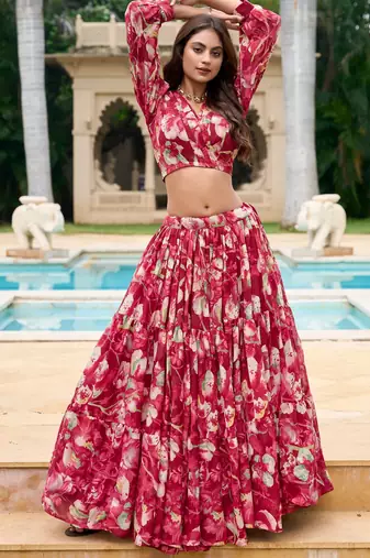 Red Flower Print Georgette Semi stitched lehenga choli