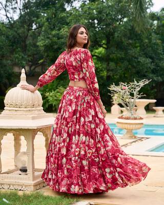 Red Flower Print Georgette Semi stitched lehenga choli 4