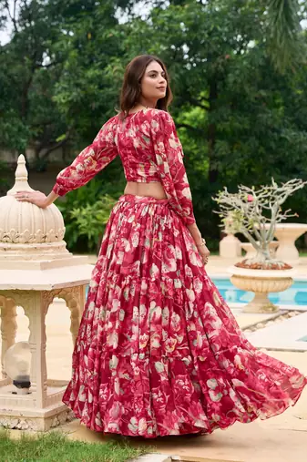Red Flower Print Georgette Semi stitched lehenga choli