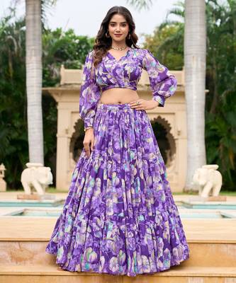 Purple Flower Print Georgette Semi stitched lehenga choli 1