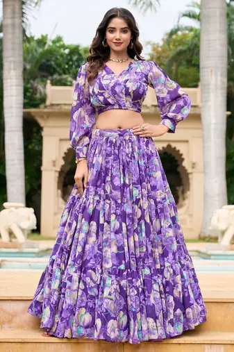 Purple Flower Print Georgette Semi stitched lehenga choli