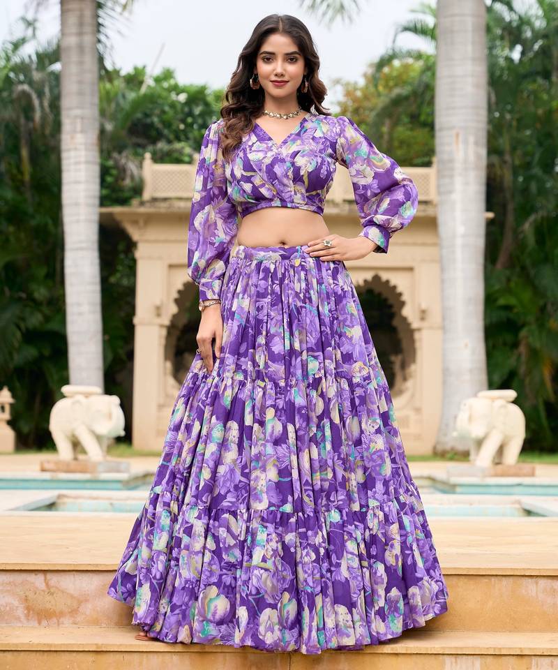 Purple Flower Print Georgette Semi stitched lehenga choli