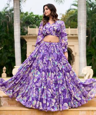 Purple Flower Print Georgette Semi stitched lehenga choli 2