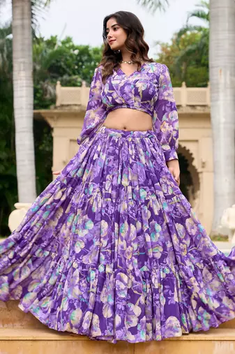 Purple Flower Print Georgette Semi stitched lehenga choli