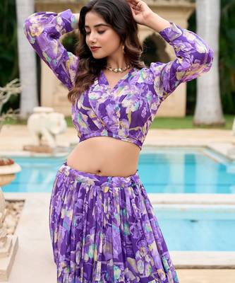Purple Flower Print Georgette Semi stitched lehenga choli 3