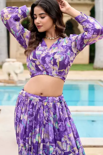 Purple Flower Print Georgette Semi stitched lehenga choli