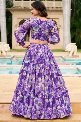 Purple Flower Print Georgette Semi stitched lehenga choli