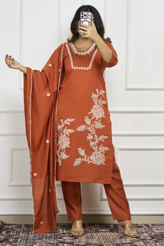 RUST COLOUR Designer Kurti Pent Dupatta Set