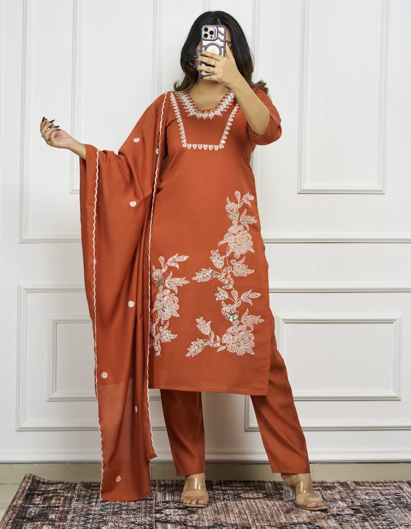 RUST COLOUR Designer Kurti Pent Dupatta Set