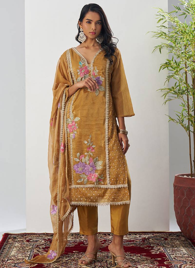 Mustard fancy crust top embroidered salwar suit