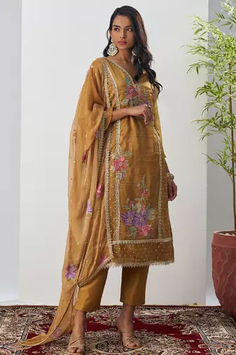 Mustard fancy crust top embroidered salwar suit