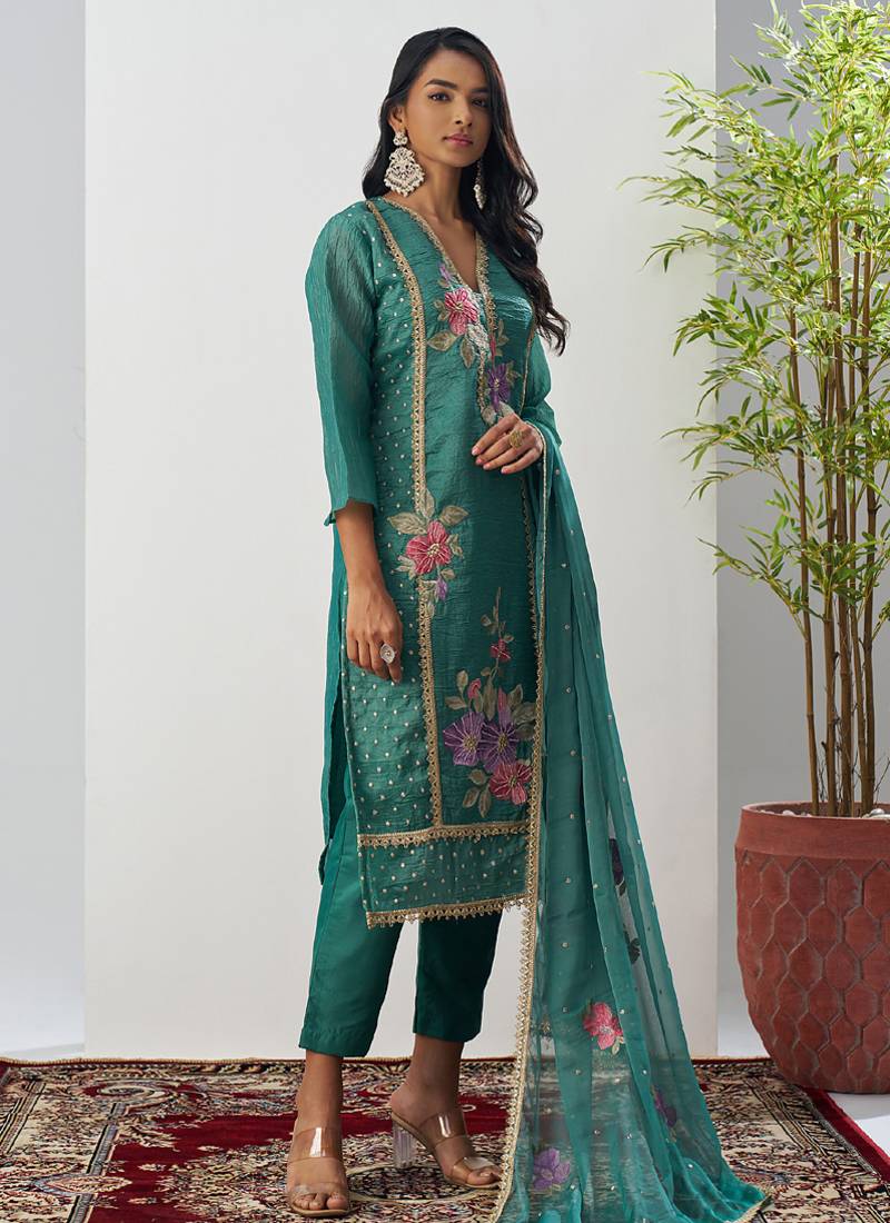 Bottel green fancy crust top embroidered salwar suit