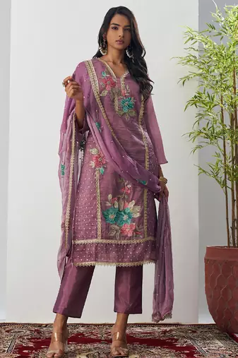 Onion pink fancy crust top embroidered salwar suit