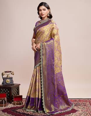beige kanjivaram silk blend saree with blouse 2