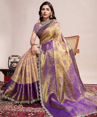 beige kanjivaram silk blend saree with blouse 3