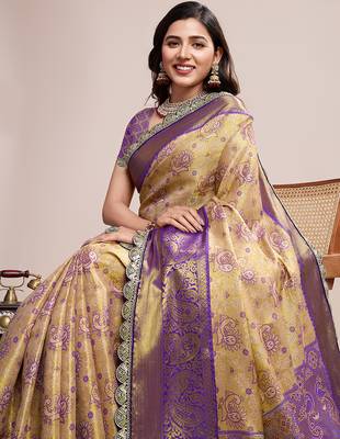 beige kanjivaram silk blend saree with blouse 4