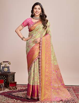 green kanjivaram silk blend saree with blouse 1