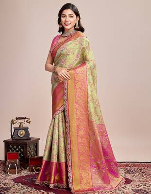 green kanjivaram silk blend saree with blouse 2