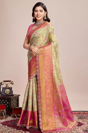 green kanjivaram silk blend saree with blouse