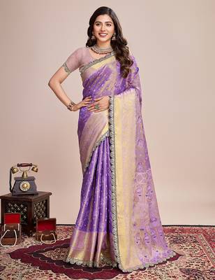 purple kanjivaram silk blend saree with blouse 1