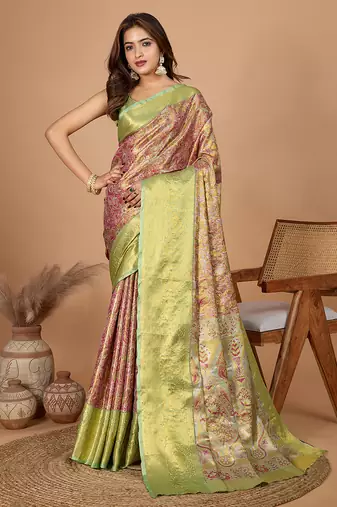 green silk blend rich zari weave saree 