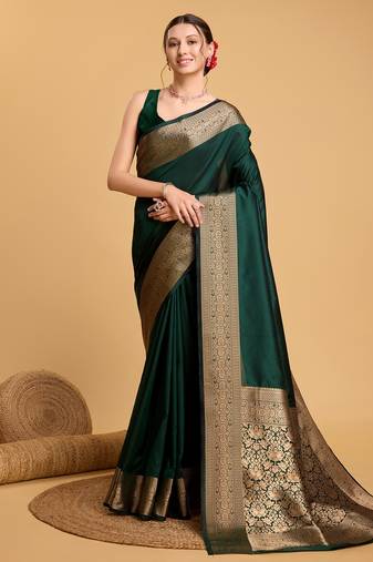green banarasi soft woven saree with blouse
