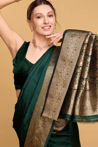 green banarasi soft woven saree with blouse