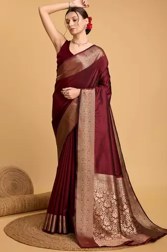 maroon banarasi soft woven saree with blouse