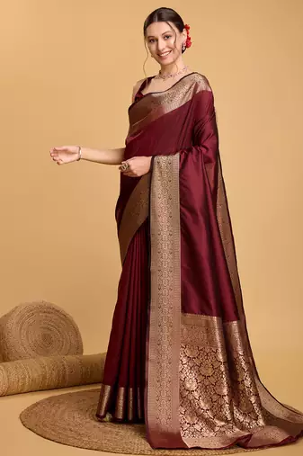 maroon banarasi soft woven saree with blouse