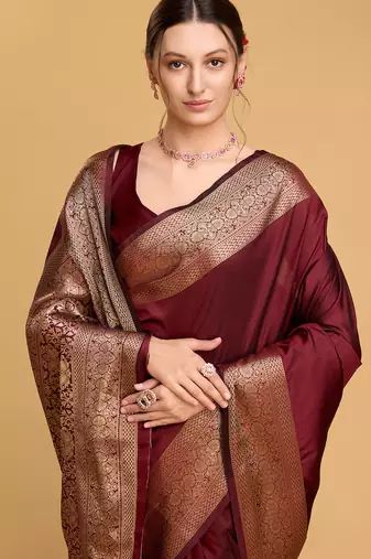 maroon banarasi soft woven saree with blouse