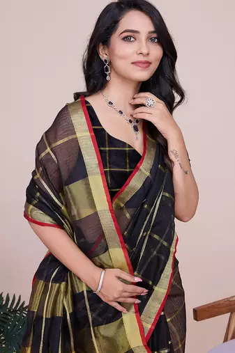 black soft cotton woven saree with blouse