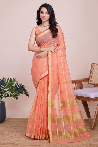 peach soft cotton woven saree with blouse