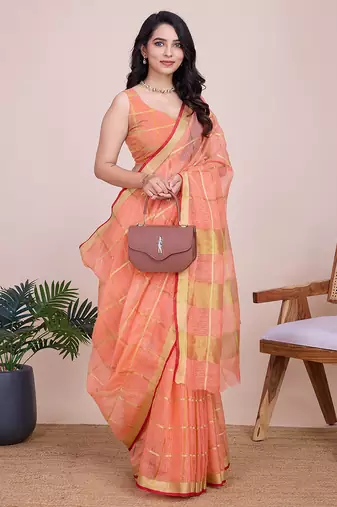peach soft cotton woven saree with blouse