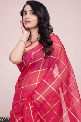 pink soft cotton woven saree with blouse