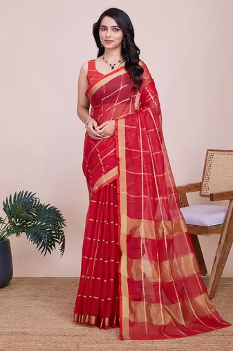 red soft cotton woven saree with blouse