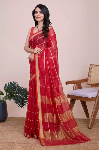 red soft cotton woven saree with blouse