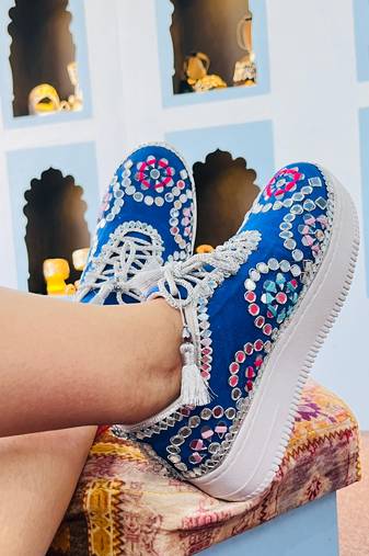 Blue sudede mirror work sneakers