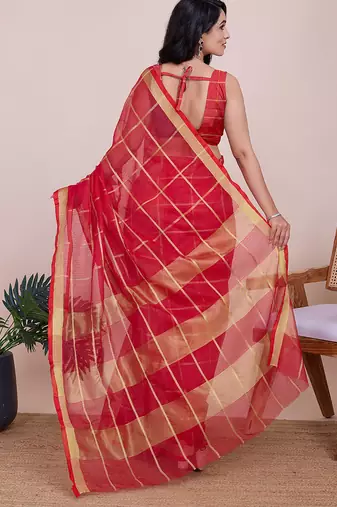 red soft cotton woven saree with blouse