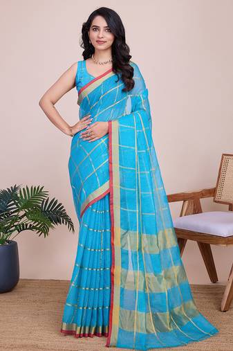 sky blue soft cotton woven saree with blouse